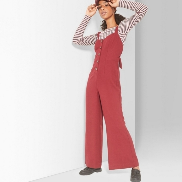 Wild Fable Maroon Berry Button Front Tie Back Flare Wide Leg Jumpsuit - Picture 2 of 10